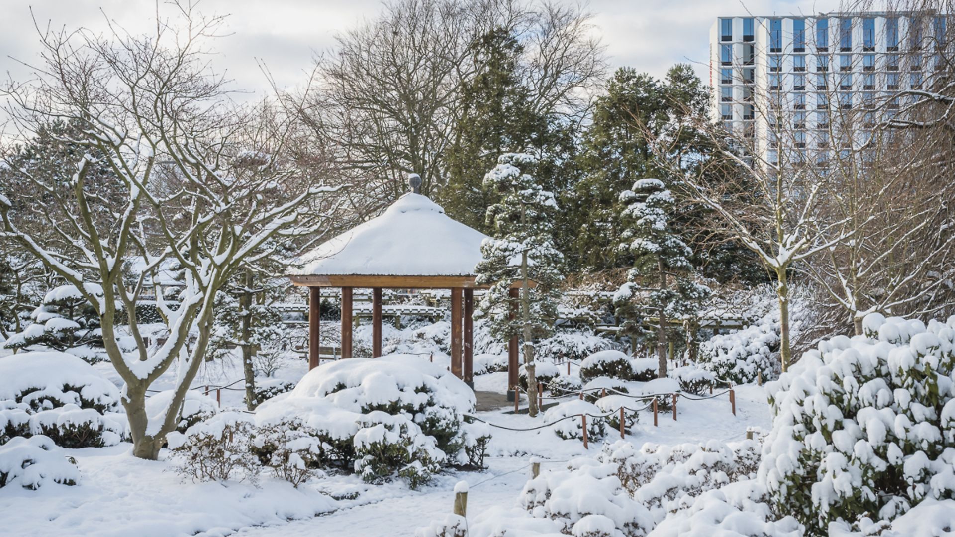 Japanischer Garten unter dicker Schneeschicht
